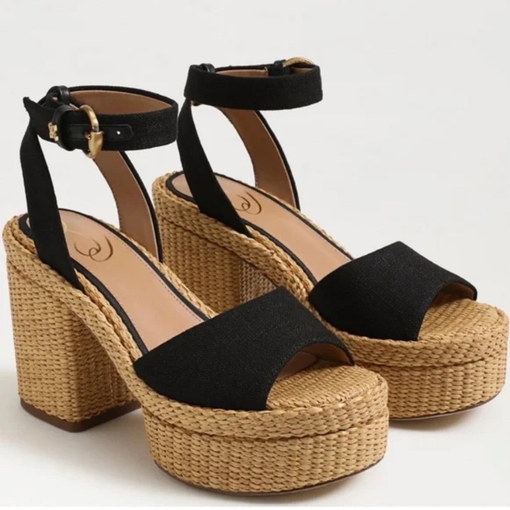 Sam Edelman Tan Immie Black Woven Platform Ankle-Strap Heels
